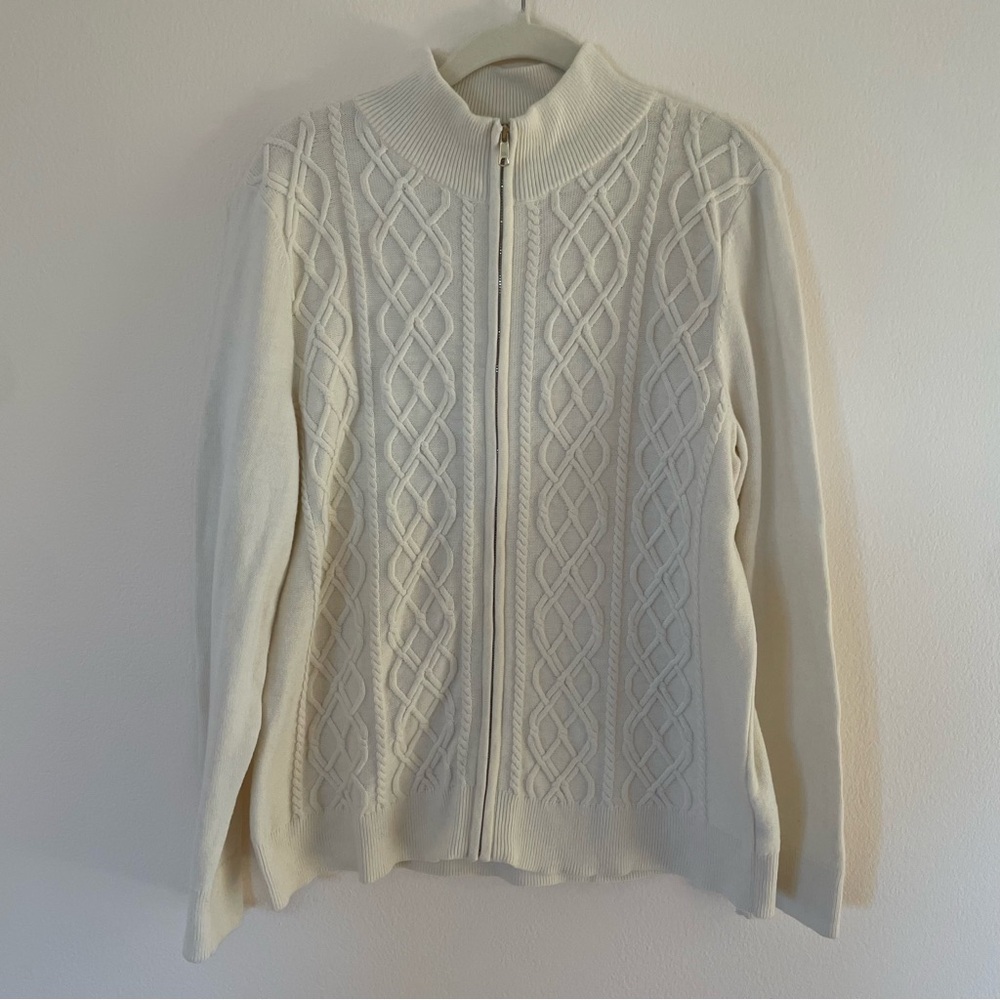 Talbots Cream Lambswool Zipper Cable Sweater 1X